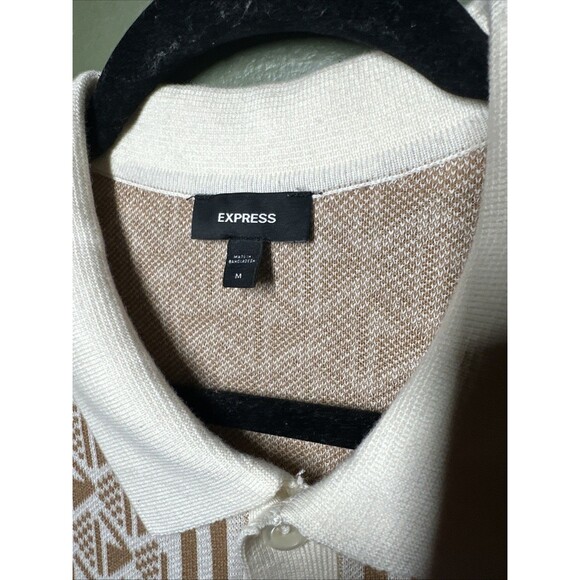 Express Men’s Knit Button Up Polo Shirt Retro Geometric Beige White M - Picture 2 of 4